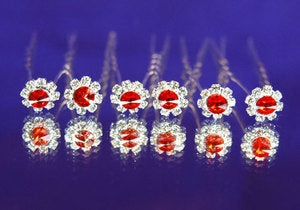 6 X Bridal Wedding Red Flower Rhinestone Hair Pins