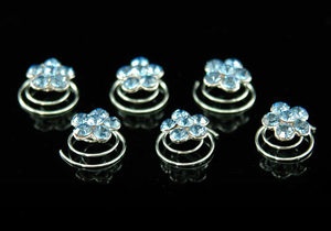 6 Pcs X Bridal Blue Flower Crystal Rhinestone Hair Twists