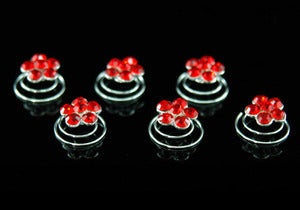 6 Pcs X Bridal Red Flower Crystal Rhinestone Hair Twists