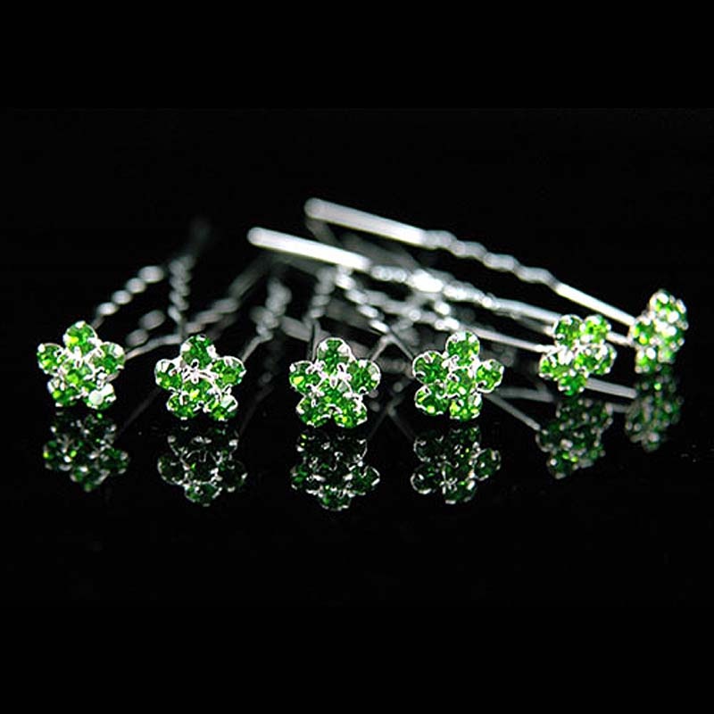 6 Pcs X Bridal Green Flower Crystal Hair Pins