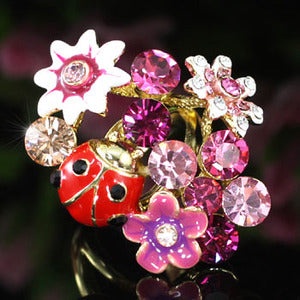 Ladybug Flower Ring Use Swarovski Crystal
