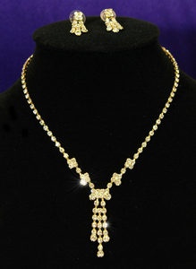 Clear Crystal Rhinestone Gold Necklace Earrings Set