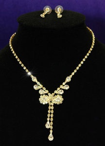 Bow Clear Rhinestone Gold Necklace Earrings Set