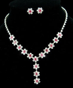 Bridal Wedding Party Dangle Pink Flower Crystal Necklace Earrings Set