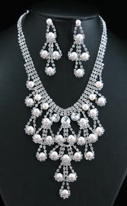 Drag Queen Crystal Faux Pearl Necklace Earrings Set