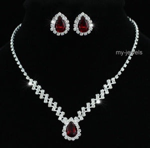 Bridal Dark Red Crystal Necklace Earrings Set