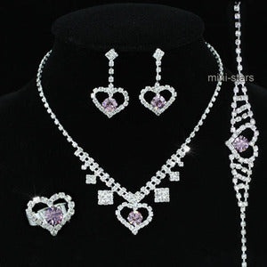 Bridal Purple Crystal Heart Necklace Bracelet Ring Earrings Set