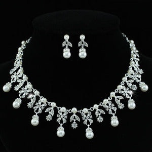 Bridal Faux Pearl Flower Necklace Earrings Set