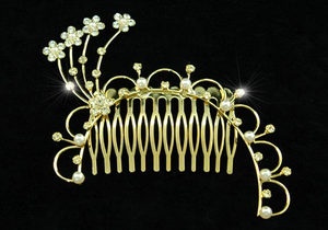 Flowers Crystal Faux Pearl Gold Plate Hair Comb