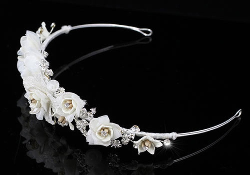 Handmade Wedding White Flower Satin Crystals Tiara