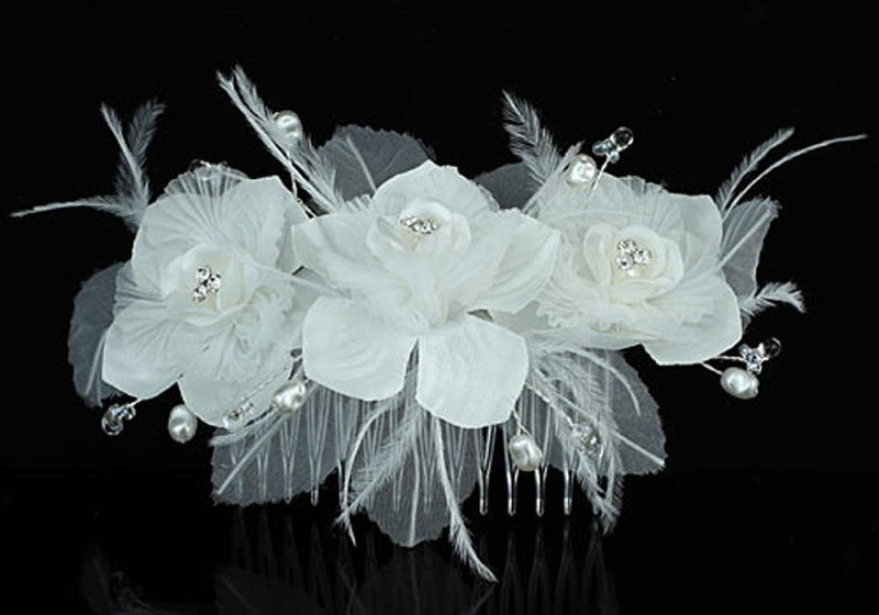 Bridal Fascinator Feather Ivory Fabric Flower Handmade Hair Comb