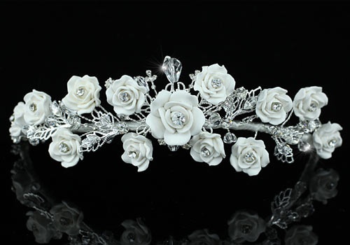 Bridal Wedding Handmade White Rose Ceramic Clay Crystal Tiara
