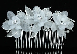 Bridal White Flower Satin Handmade Hair Comb For Bride / Flower Girl