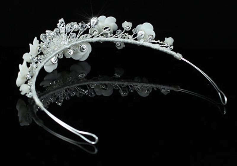 Bridal Handmade White Flower Crystal Tiara