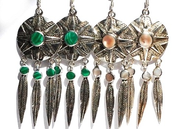 Sterling Silver Native Sun Sheild W Feathers & Stones Dangle Earrings