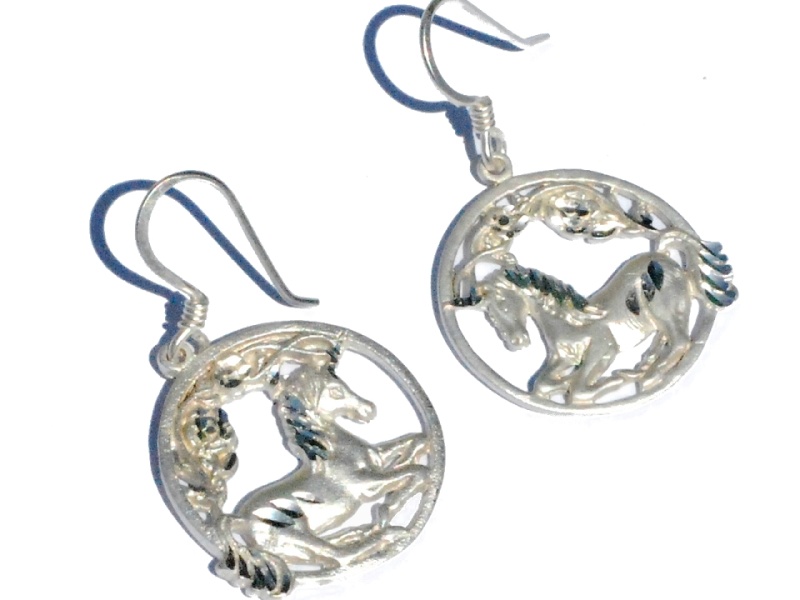 Sterling Silver Unicorn In Circle Pendant Earrings