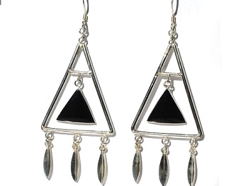 Sterling Silver Black Onyx Inlaid Suspened Triangle Earrings