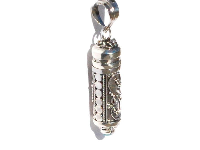 Sterling Silver Handmade Bali Cylinder Prayer Box With Genuine Stone