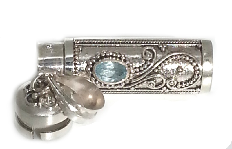 Sterling Silver Cylinder Prayer Box Pendant With Blue Topaz
