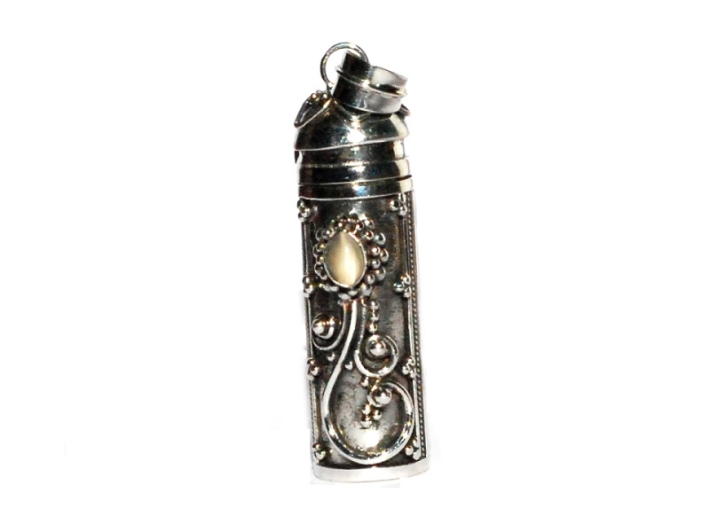 Sterling Silver Large Cylinder Prayer Pendant Simulated Moonstone In Flower