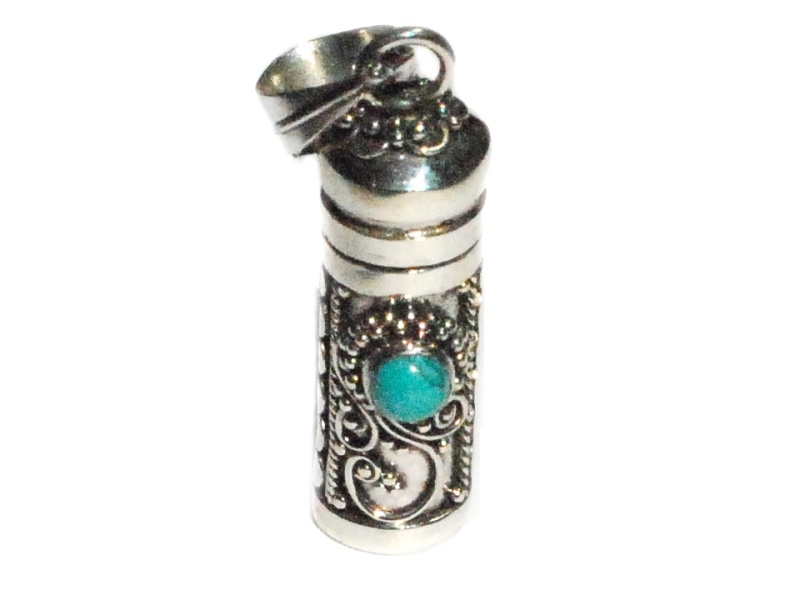 Sterling Silver Cylinder Prayer Box Pendant With Stabilized Turquoise