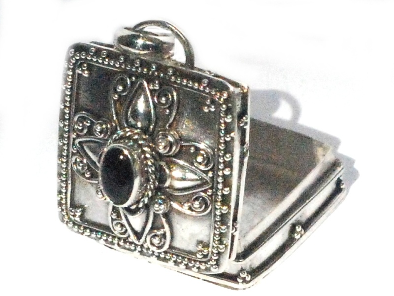 Sterling Silver Balinese Square Prayer Box Pendant With Black Onyx