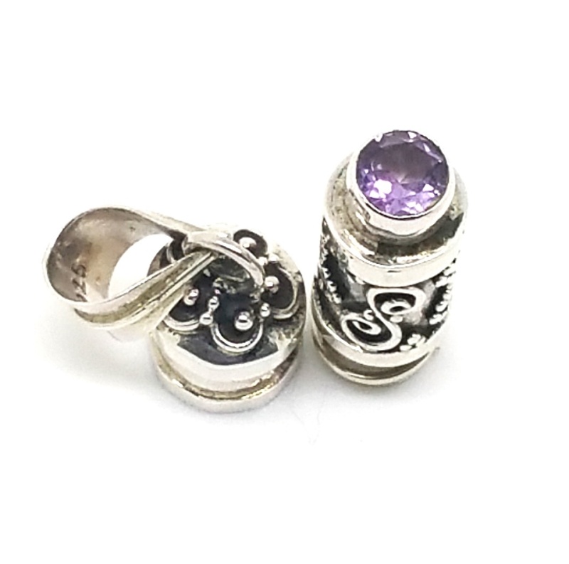 Sterling Silver Cylinder Prayer Box With Star And Moon And Amethyst Pendant