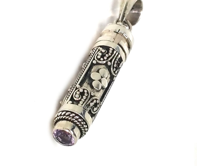 Sterling Silver Cylinder Prayer Box With Amethyst With Balinese Design And Crescent Moons