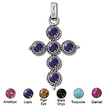 Sterling Silver Hand-Made Genuine Stone Cross Pendant
