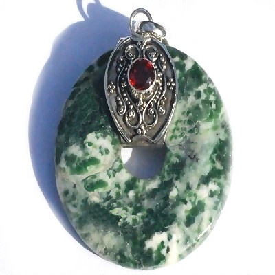 Sterling Silver Bali Green Moss Agate Donut With Garnet Pendant