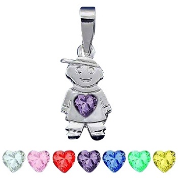 Sterling Silver Boy With Facet Genuine Stone Heart Charm Pendant