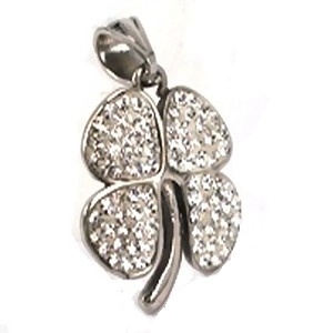 Stainless Steel 4 Leaf Clover With Clear Crystals Pendant