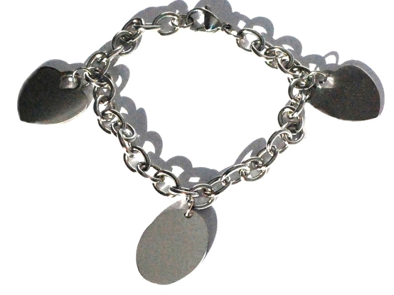 Stainless Steel 8 Inch Engravable Hearts And Oval Disc Charm Bracelet