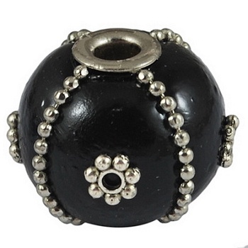 Handmade Black Indonesia Bead Decorated With Silver 3.3 Hole
