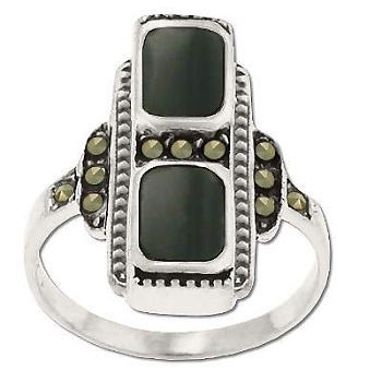 Sterling Silver Genuine 11 Marcasite And Black Onyx Ring