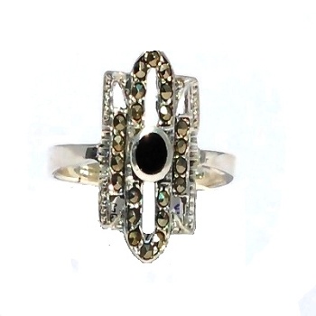 Sterling Silver Genuine Marcasite And Onyx Elliptical Ring