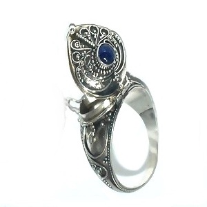 Sterling Silver Bali Hand-Made Poison Ring With Genuine Lapis