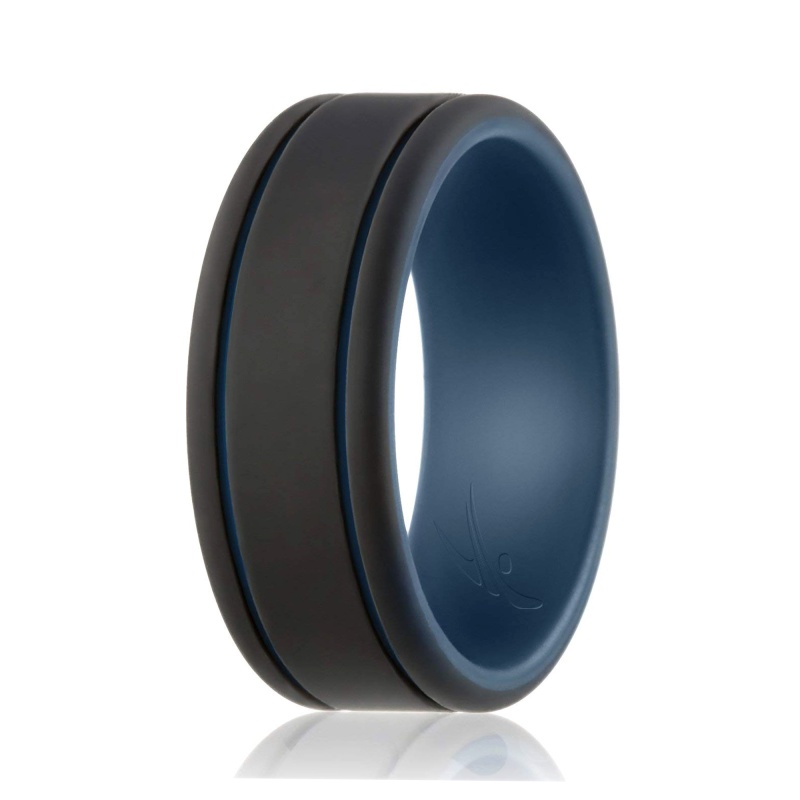 Silicone Wedding Ring - Duo Collection 2 Thin Lines - Blue-Black By Roq For Men - 13 Mm Ring