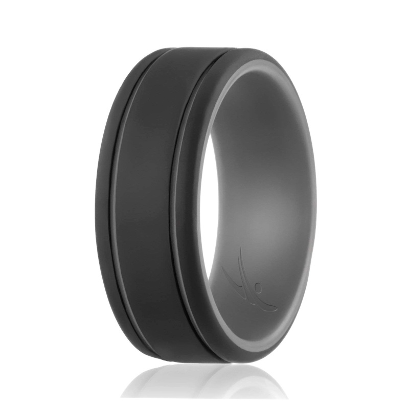 Silicone Wedding Ring - Duo Collection 2 Thin Lines - Grey-Black By Roq For Men - 7 Mm Ring