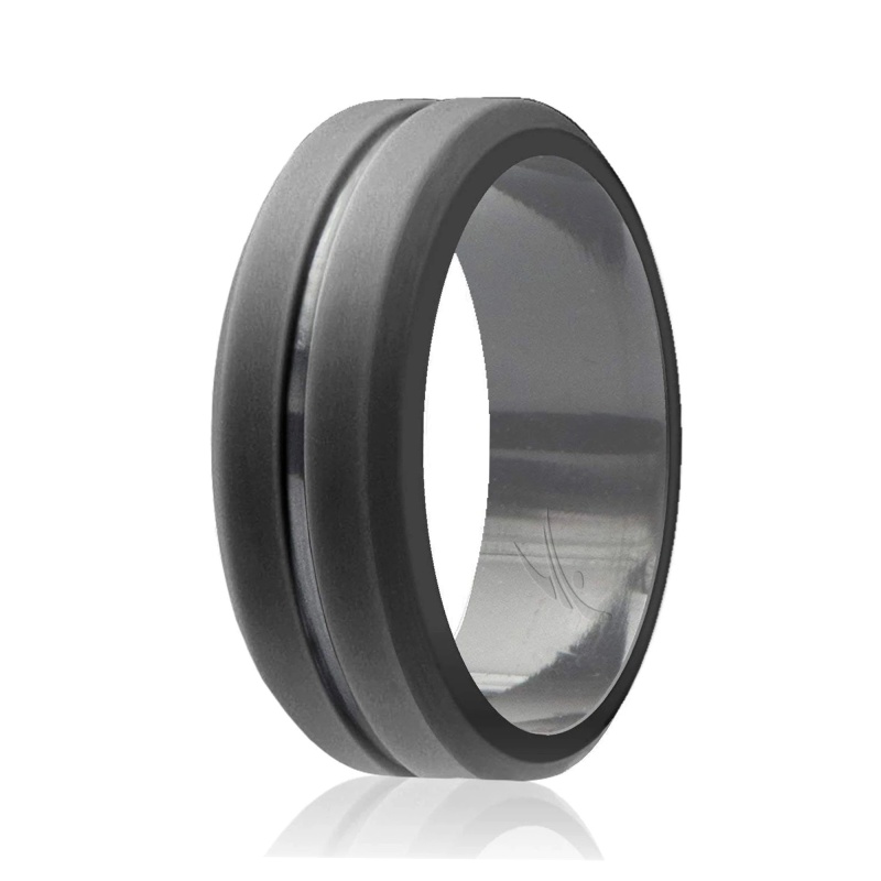 Silicone Wedding Ring - Engraved Middle Line - Grey By Roq For Men - 14 Mm Ring
