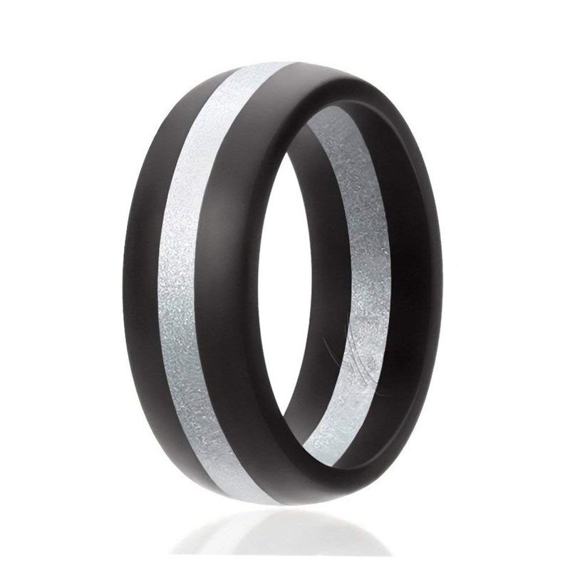 Silicone Wedding Ring - Dome Style With Middle Line - Black-Silver By Roq For Men - 14 Mm Ring