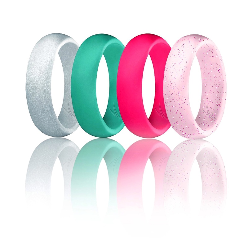 Silicone Wedding Ring - Dome Style Set By Roq For Women - 4 X 7 Mm Pink, Turquoise, White With Pink Glitter, Silver