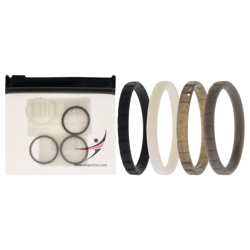Silicone Wedding Stackble Lines Ring Set -Black-White By Roq For Women - 4 X 9 Mm Ring