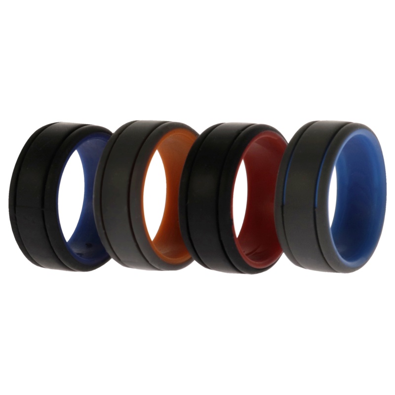 Silicone Wedding 2Layer Lines Ring Set - Grey-Black By Roq For Men - 4 X 9 Mm Ring