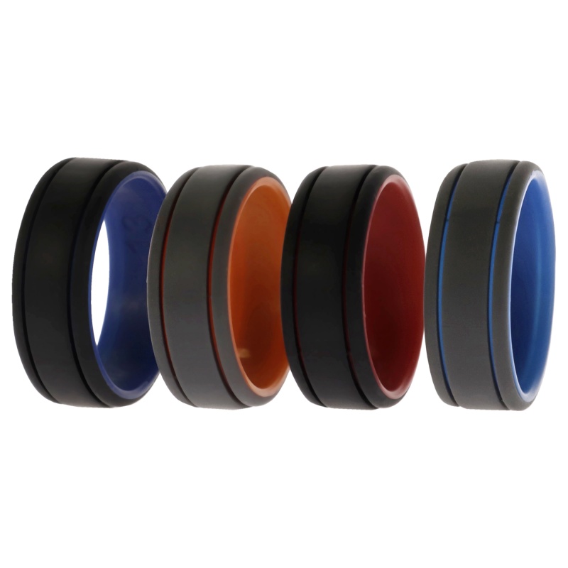 Silicone Wedding 2Layer Lines Ring Set - Grey-Black By Roq For Men - 4 X 13 Mm Ring