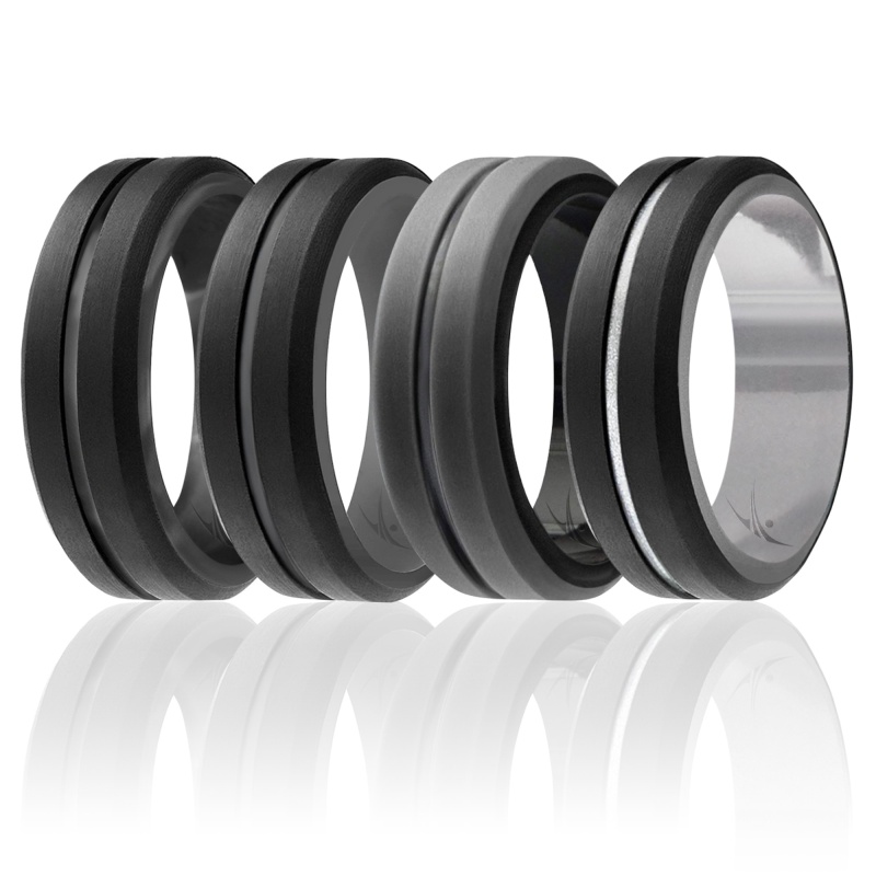 Silicone Wedding 2Layer Middle Line Ring Set - Black-Camo By Roq For Men - 4 X 16 Mm Ring