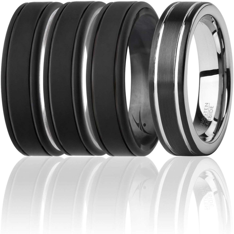 Silicone Wedding Twin 2Layer Ring Set - Black By Roq For Men - 4 X 16 Mm Ring