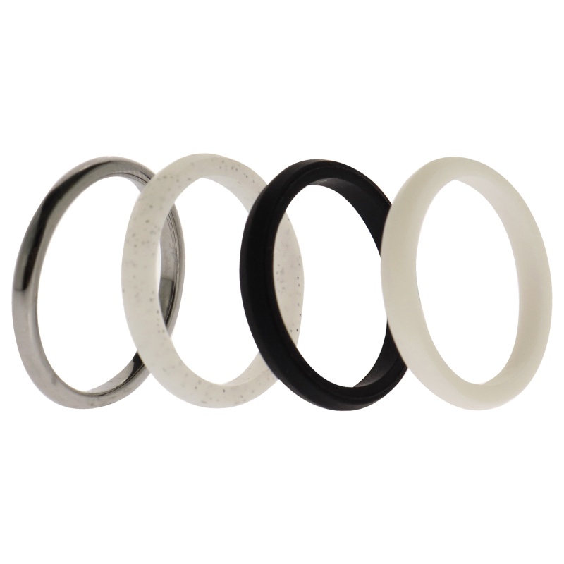 Silicone Wedding Twin 2Mm Ring Set - Black-White By Roq For Women - 4 X 8 Mm Ring