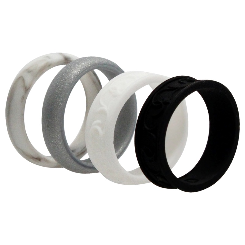 Silicone Wedding Flower Ring Set - Black-White By Roq For Women - 4 X 10 Mm Ring
