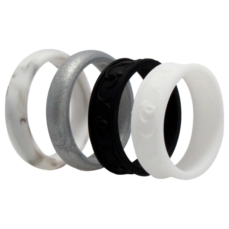 Silicone Wedding Flower Ring Set - Black-White By Roq For Women - 4 X 11 Mm Ring